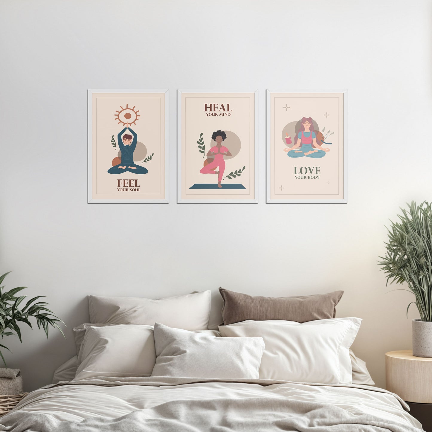 Bed Room Preview of Feel, Heal & Love – Inspirational Yoga Set of 3 Frames in White Color Frame