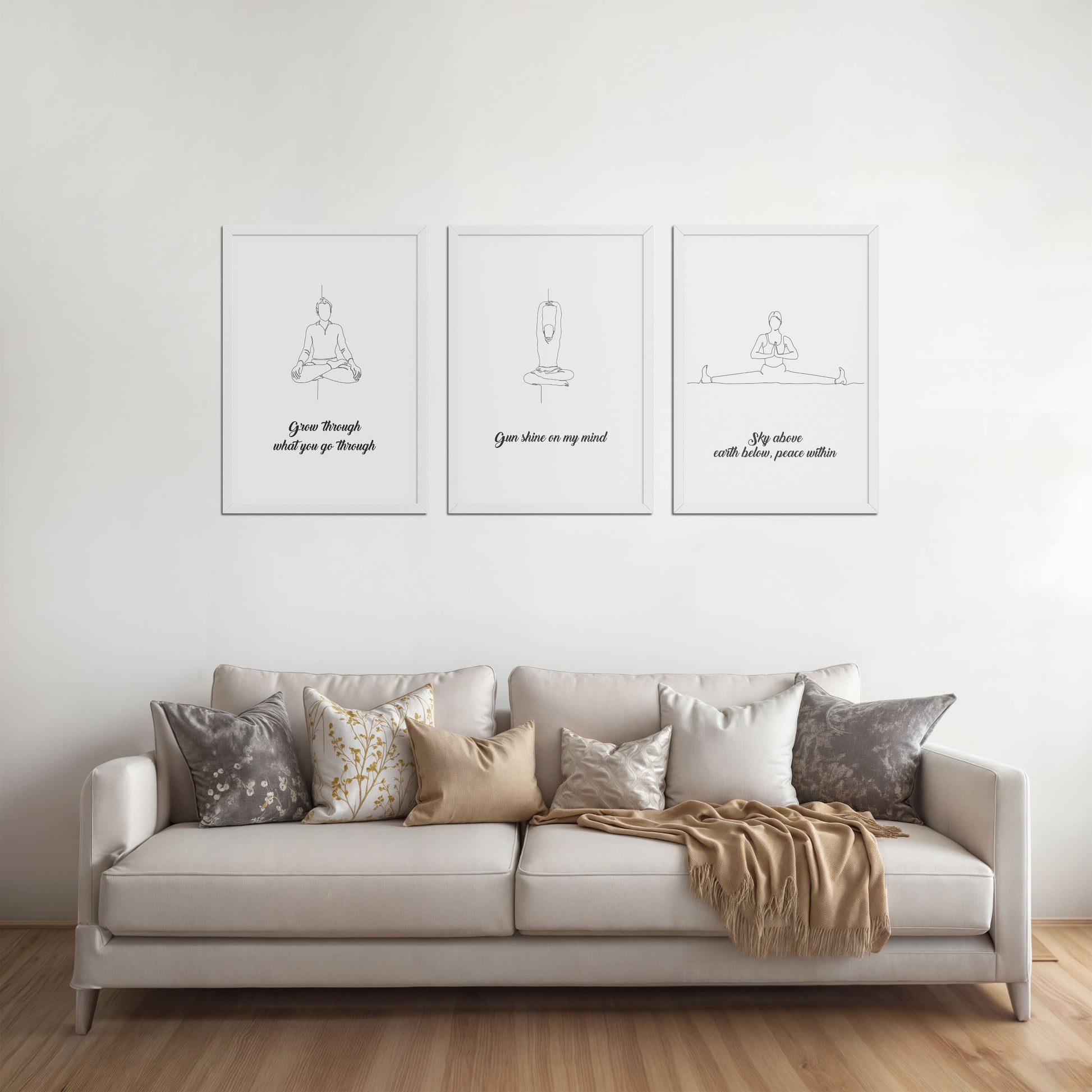 Living Room Sofa Preview of Mindful Mantras – Yoga Quote Line Art Wall Frame Set of 3 in White Color Frame