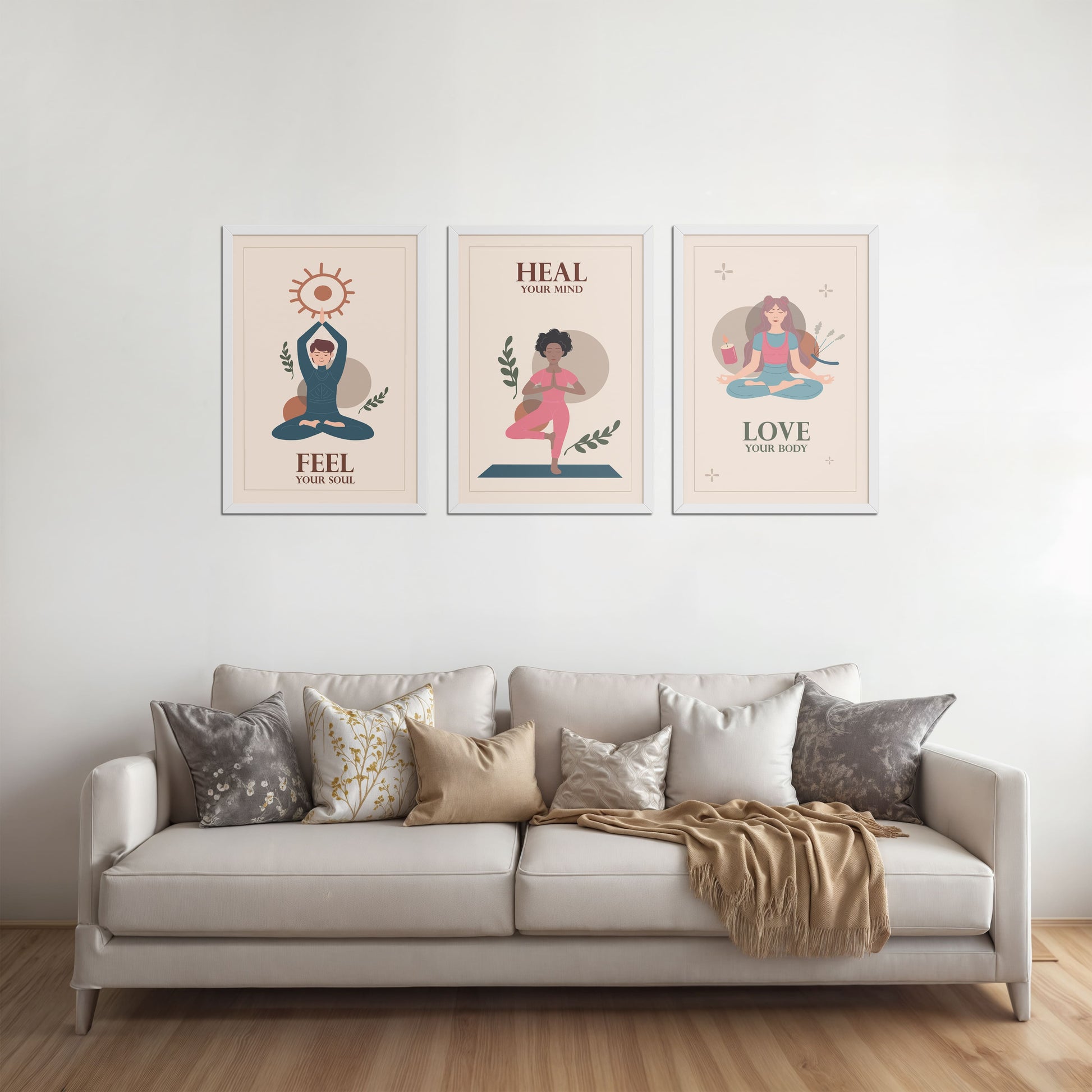 Living Room Sofa Preview of Feel, Heal & Love – Inspirational Yoga Set of 3 Frames in White Color Frame