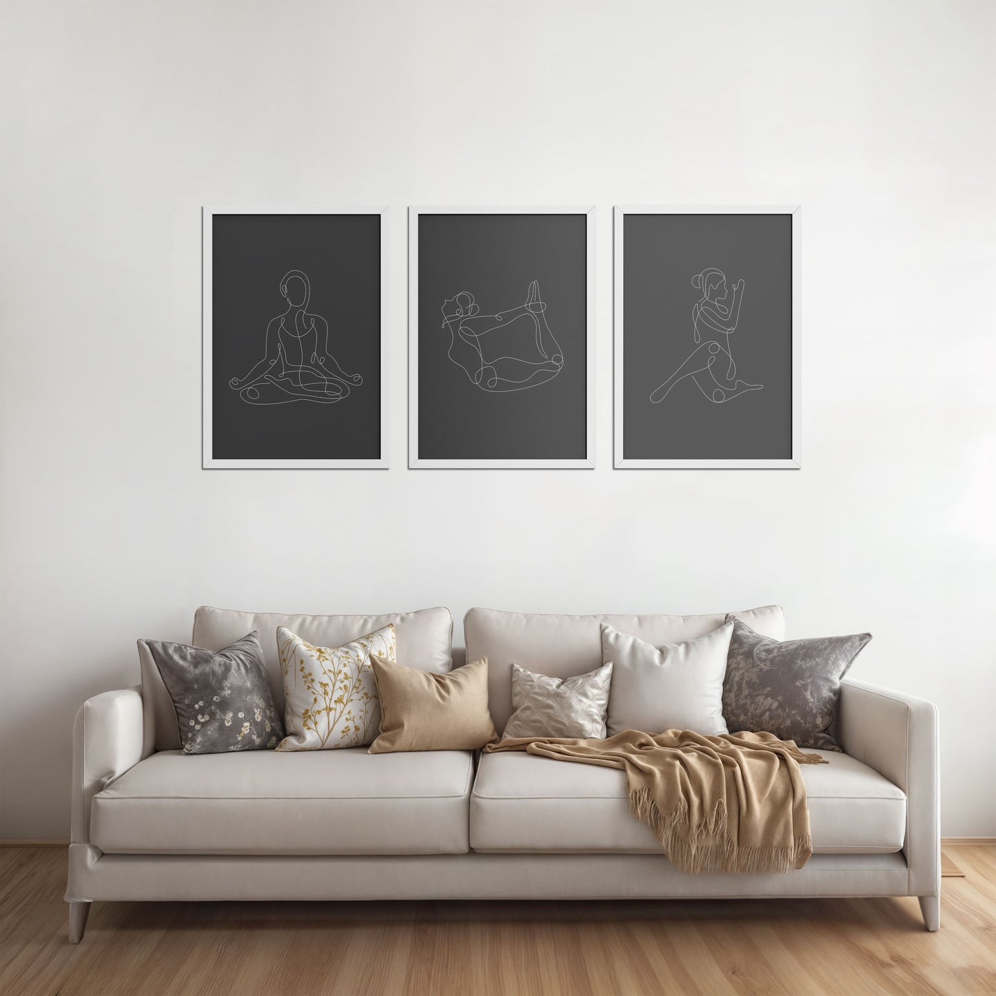 Living Room Sofa Preview of Grace in Motion – Minimalist Yoga Pose Line Art Set of 3 in White Color Frame