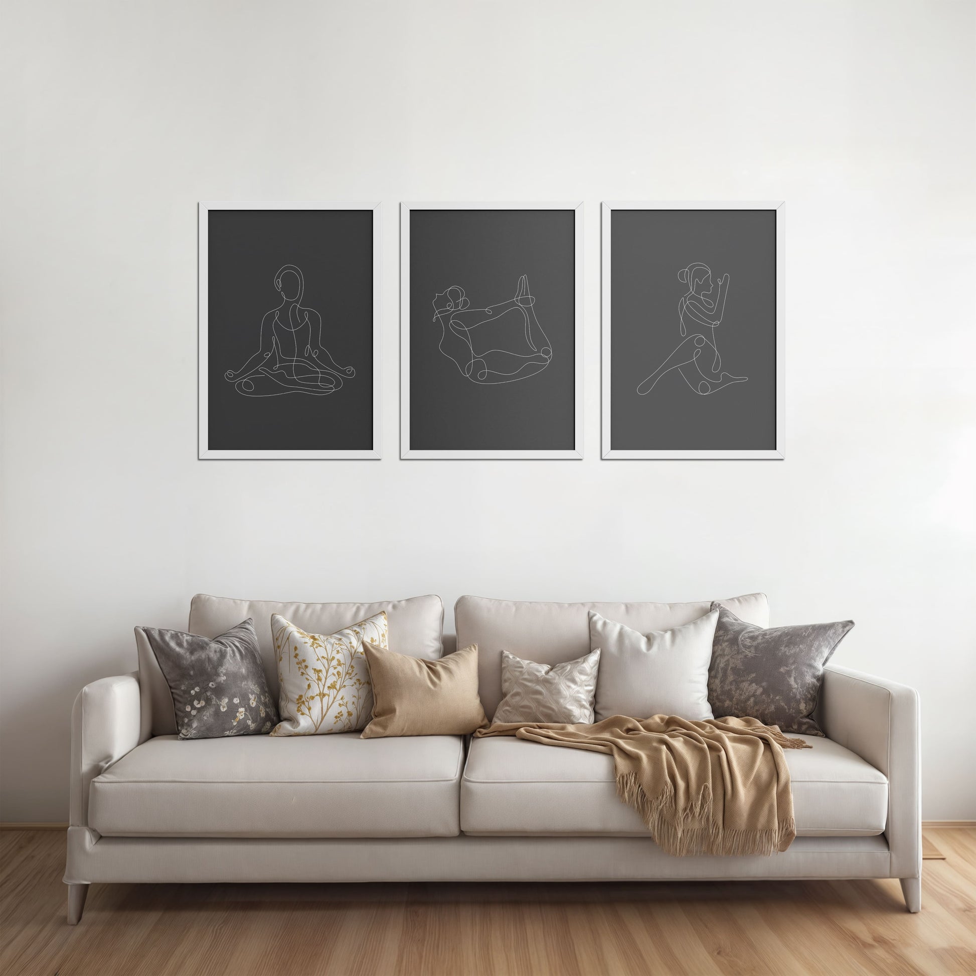 Living Room Sofa Preview of Grace in Motion – Minimalist Yoga Pose Line Art Set of 3 in White Color Frame