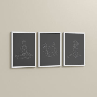 Side View of Grace in Motion – Minimalist Yoga Pose Line Art Set of 3 in White Color Frame
