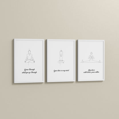 Side View of Mindful Mantras – Yoga Quote Line Art Wall Frame Set of 3 in White Color Frame