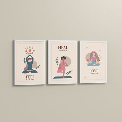 Side View of Feel, Heal & Love – Inspirational Yoga Set of 3 Frames in White Color Frame