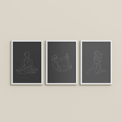 Wall View of Grace in Motion – Minimalist Yoga Pose Line Art Set of 3 in White Color Frame