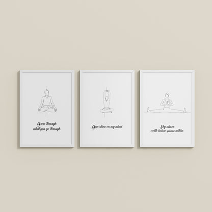 Wall View of Mindful Mantras – Yoga Quote Line Art Wall Frame Set of 3 in White Color Frame