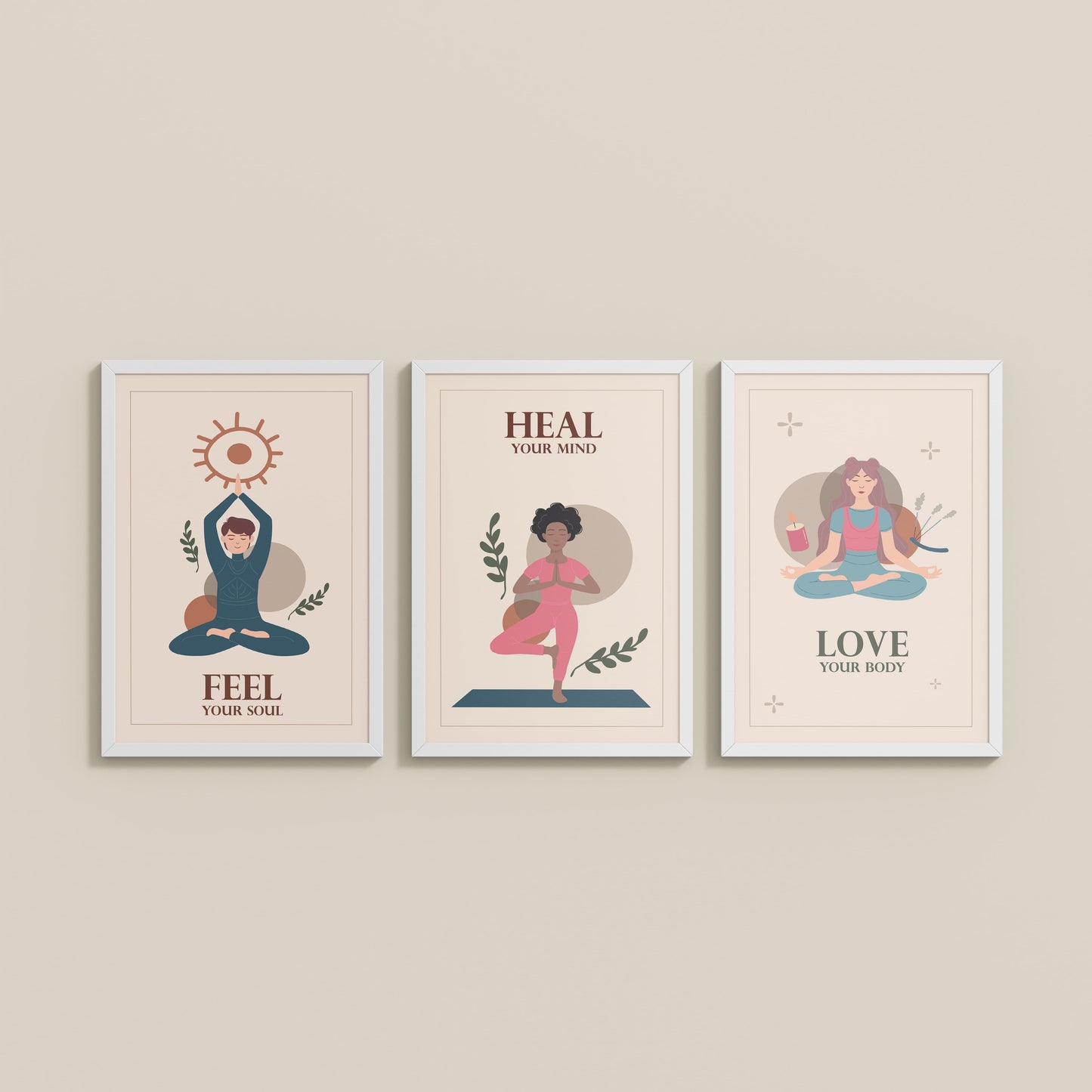 Wall View of Feel, Heal & Love – Inspirational Yoga Set of 3 Frames in White Color Frame