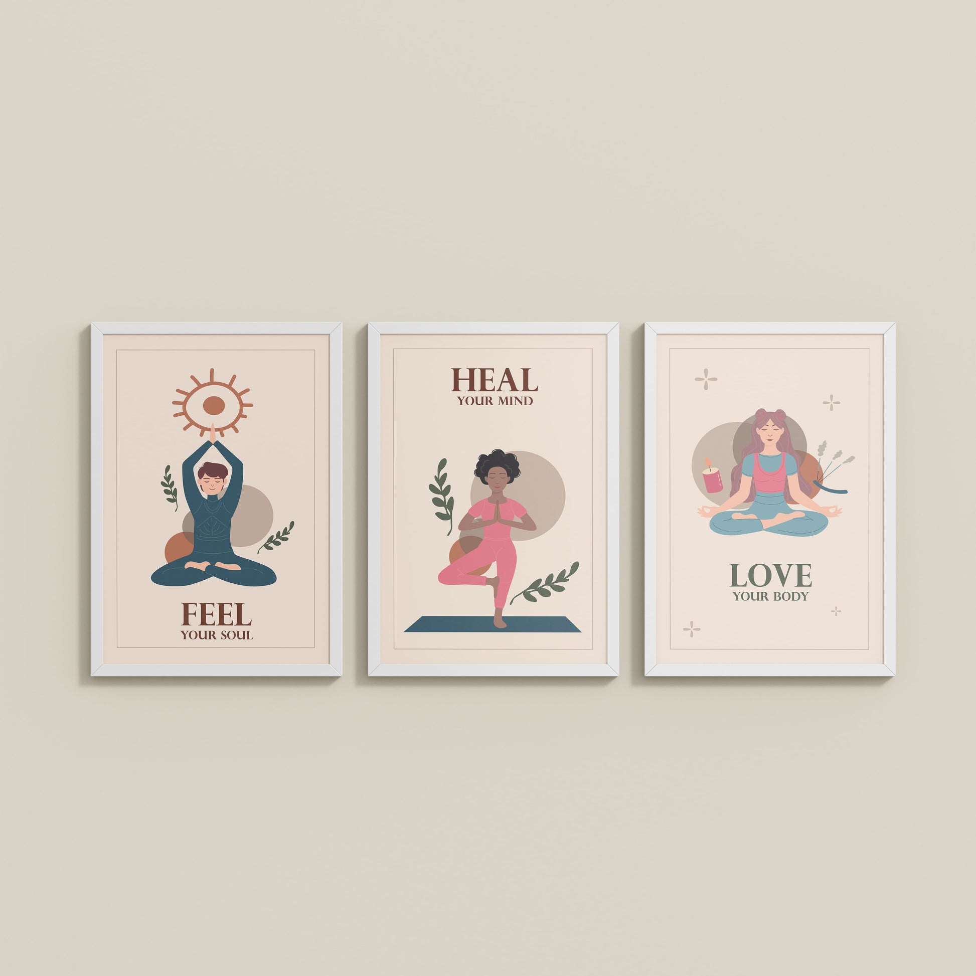 Wall View of Feel, Heal & Love – Inspirational Yoga Set of 3 Frames in White Color Frame