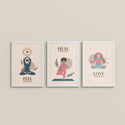 Wall View of Feel, Heal & Love – Inspirational Yoga Set of 3 Frames in White Color Frame