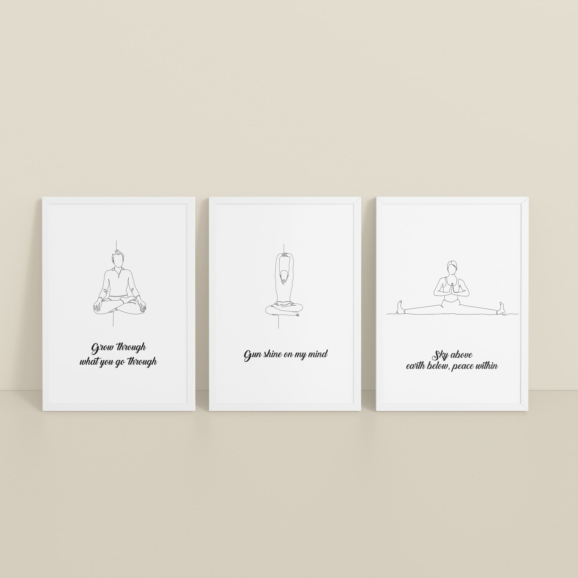 Inclined Floor View of Mindful Mantras – Yoga Quote Line Art Wall Frame Set of 3 in White Color Frame