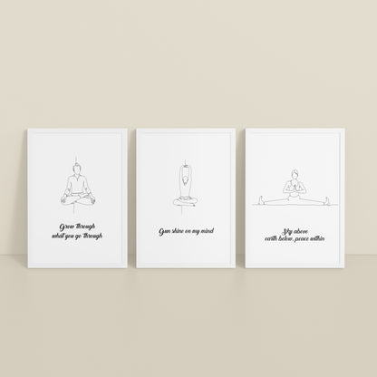 Inclined Floor View of Mindful Mantras – Yoga Quote Line Art Wall Frame Set of 3 in White Color Frame