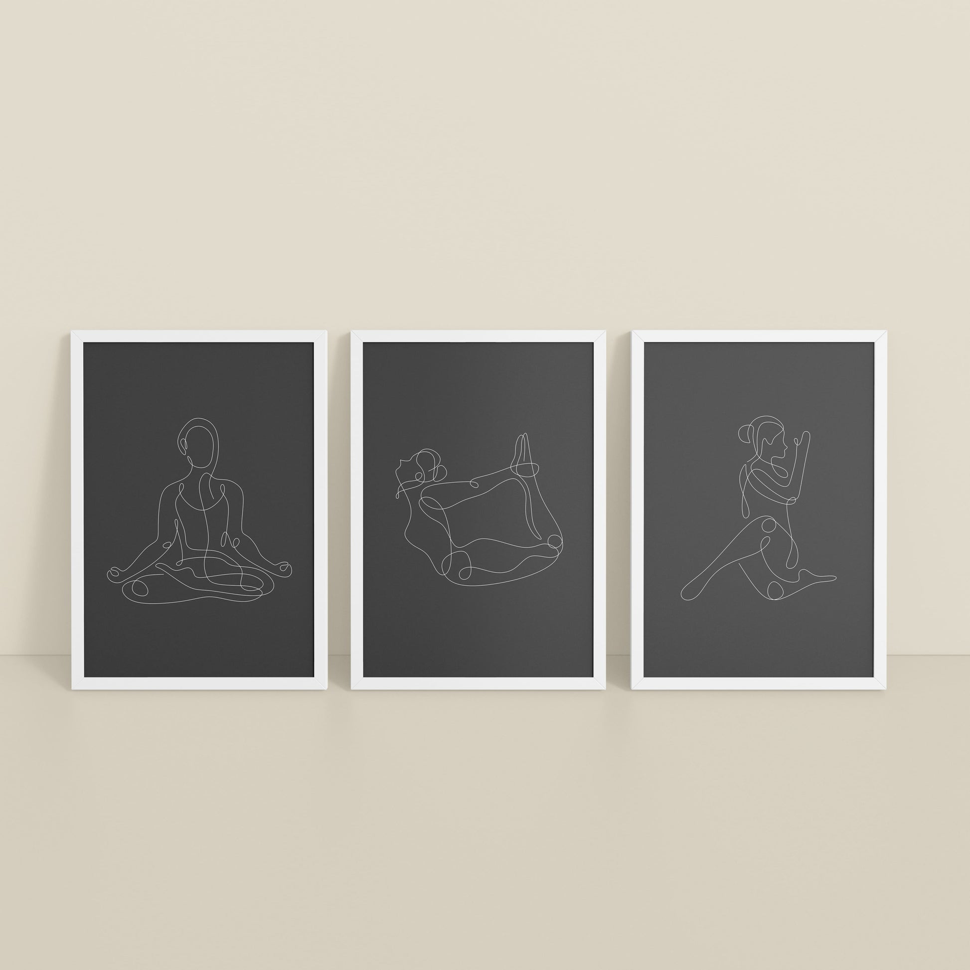Inclined Floor View of Grace in Motion – Minimalist Yoga Pose Line Art Set of 3 in White Color Frame