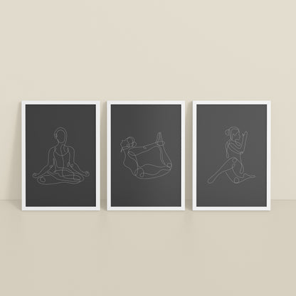 Inclined Floor View of Grace in Motion – Minimalist Yoga Pose Line Art Set of 3 in White Color Frame