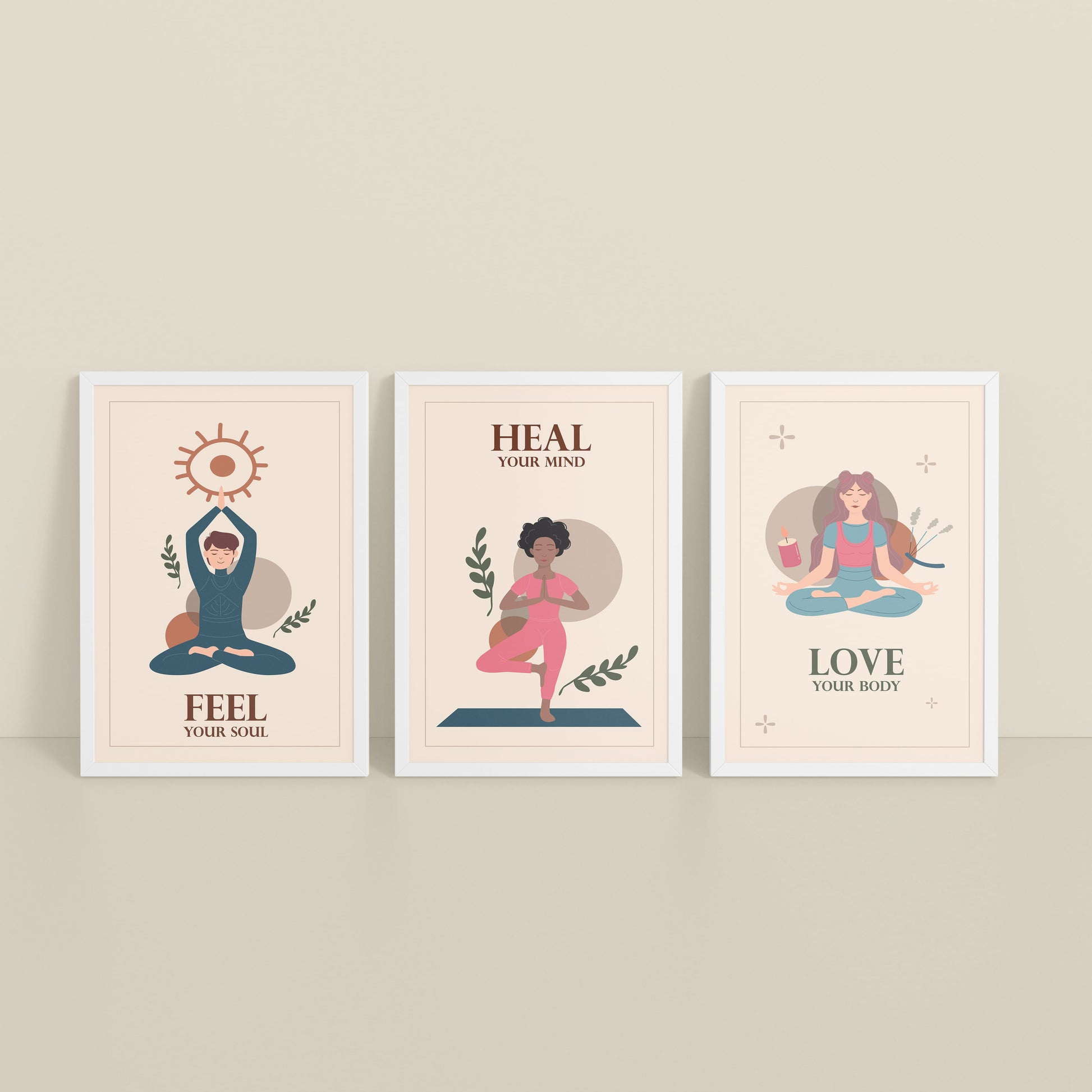 Inclined Floor View of Feel, Heal & Love – Inspirational Yoga Set of 3 Frames in White Color Frame