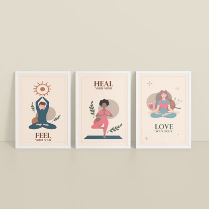Inclined Floor View of Feel, Heal & Love – Inspirational Yoga Set of 3 Frames in White Color Frame