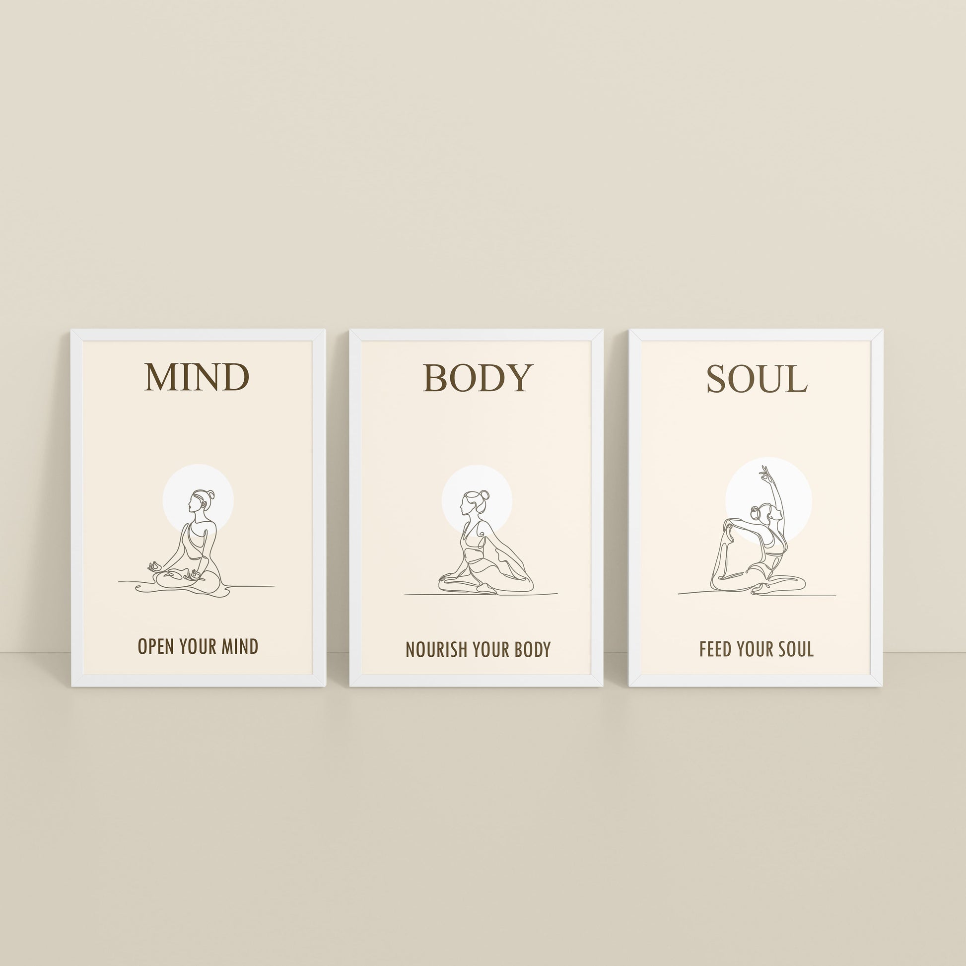 Inclined Floor View of Mind, Body & Soul – Yoga Wall Art Set of 3 Frames in White Color Frame