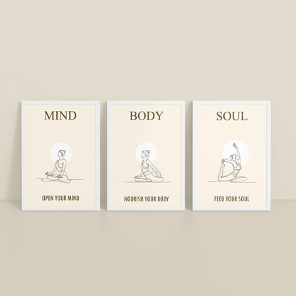 Inclined Floor View of Mind, Body & Soul – Yoga Wall Art Set of 3 Frames in White Color Frame