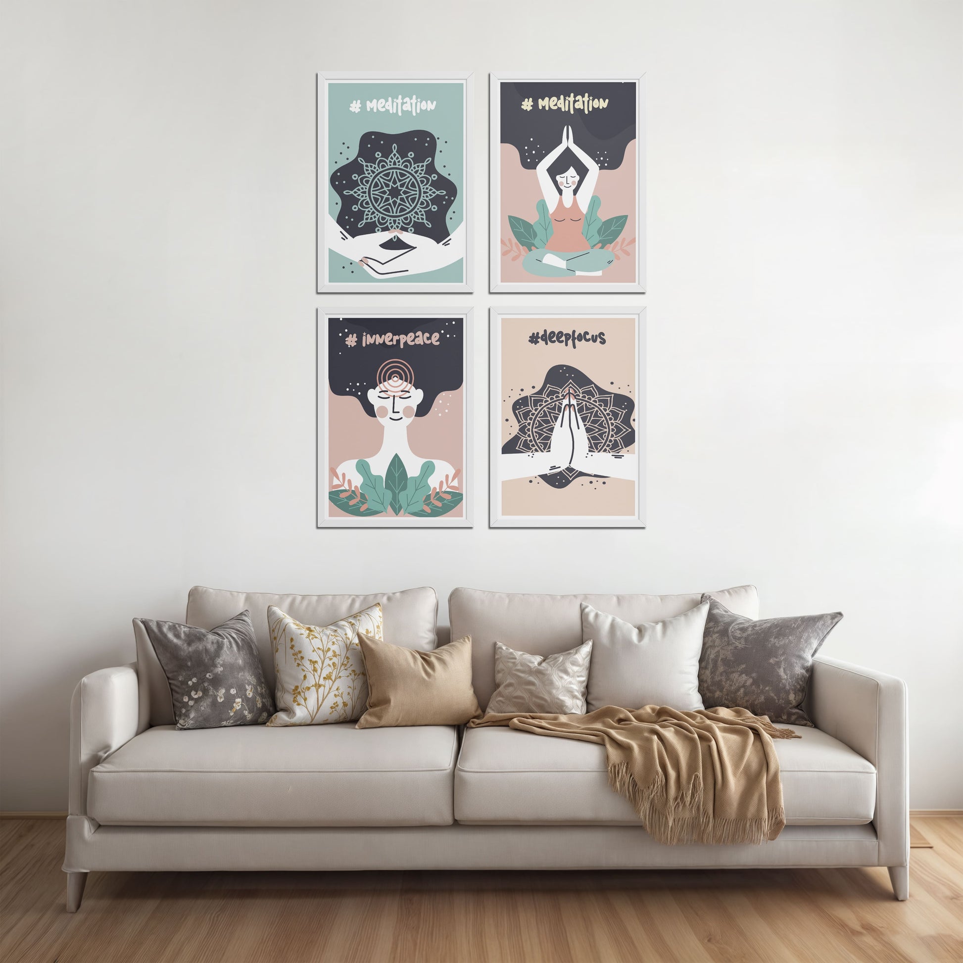 Bed Room Preview of Inner Peace & Meditation Wall Art Set of 4 Frames in White Color Frame