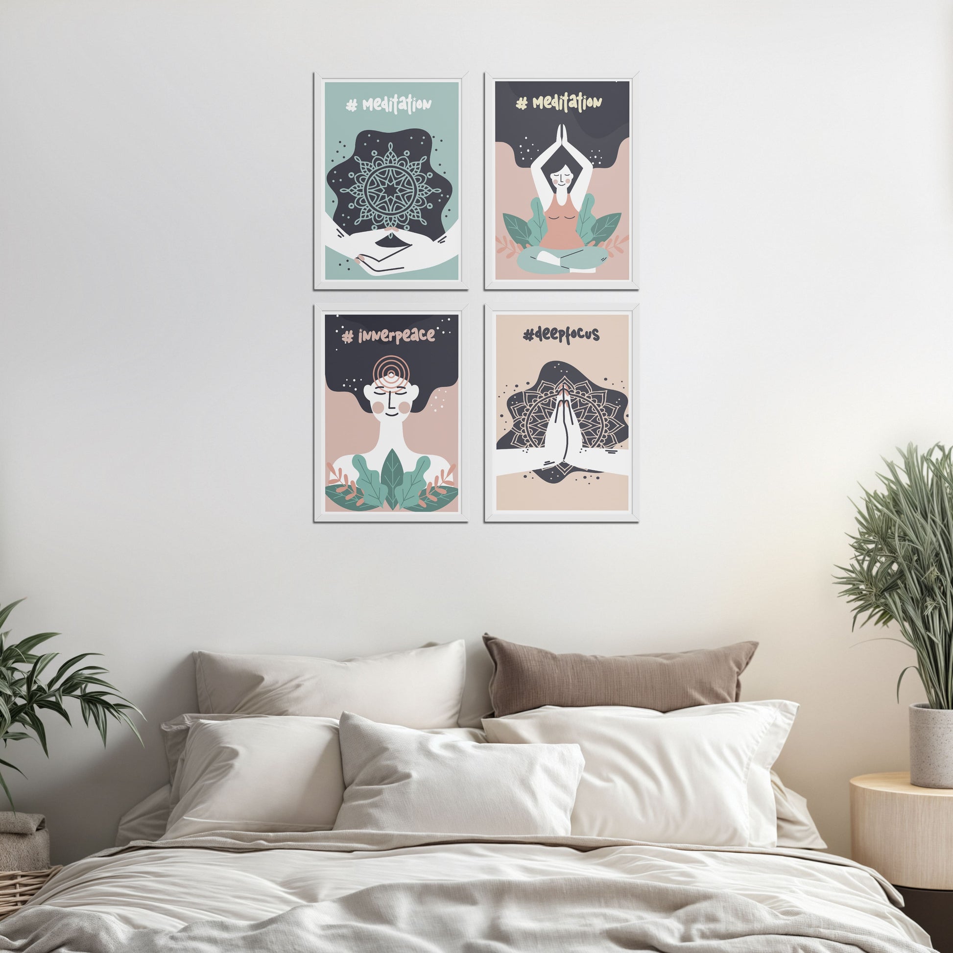 Living Room Sofa Preview of Inner Peace & Meditation Wall Art Set of 4 Frames in White Color Frame