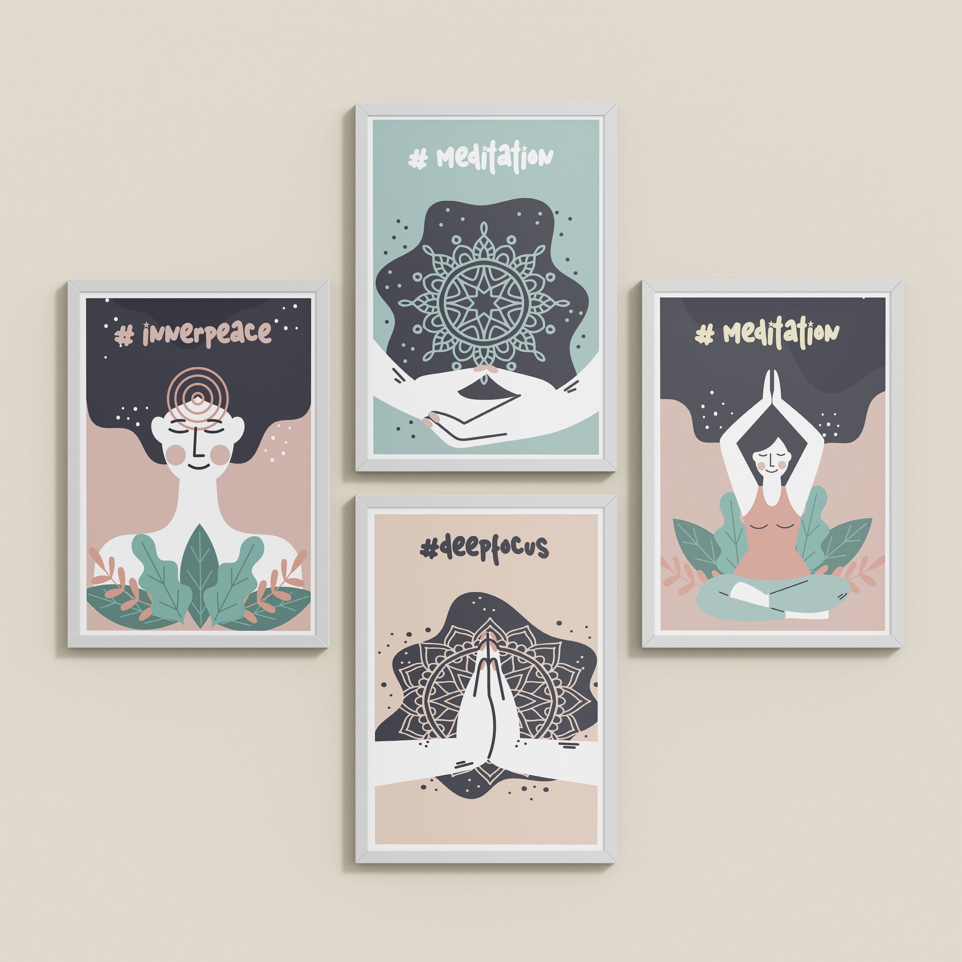 Inclined Floor View of Inner Peace & Meditation Wall Art Set of 4 Frames in White Color Frame